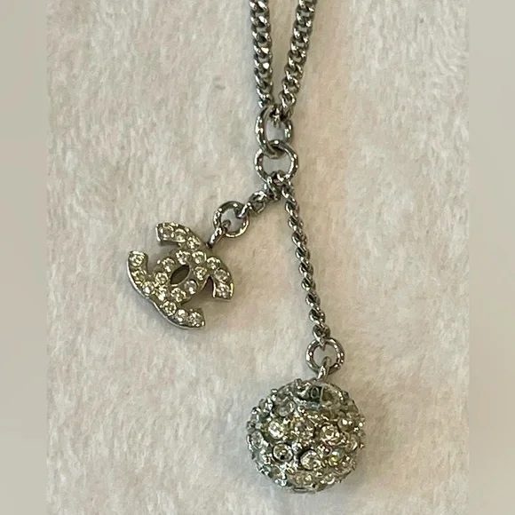 CHANEL Paladium Plated and Strass CC &Ball Drop Pendant Necklace, 23.5”, EUC - Picture 4 of 11